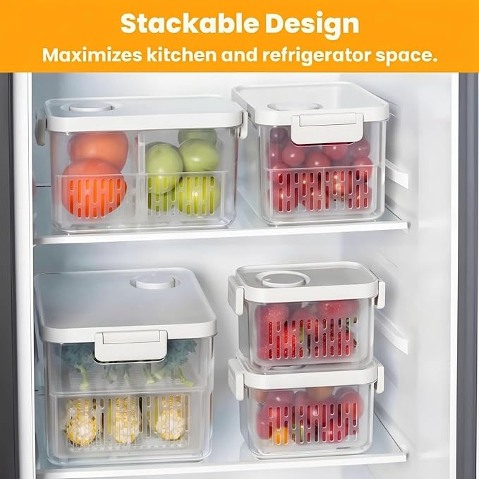 vacane 2 Pack Produce Saver with lids & Colanders, Clear Fruit Containers for Fridge Dishwasher Safe Berry Containers, BPA-Free Lettuce Keeper, Keep Vegetable Food Fresh