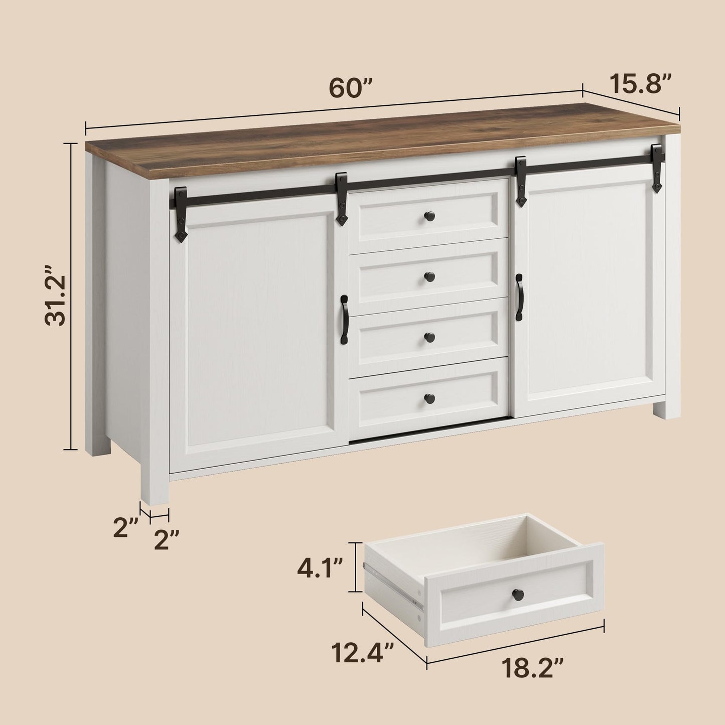 Gizoon Sideboard Buffet Cabinet with Storage, Large Kitchen Sideboard and Coffee Bar with Sliding Barn Doors and 4 Drawers, Kitchen Storage Island for Dining Room, Living Room, Retro