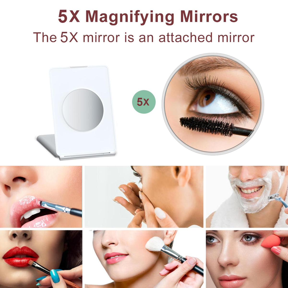 ROTOPATA Rechargeable Travel Makeup Mirror with 5X Magnification, Portable Lighted Travel Mirror with 72 LEDs, 3 Color Lighting