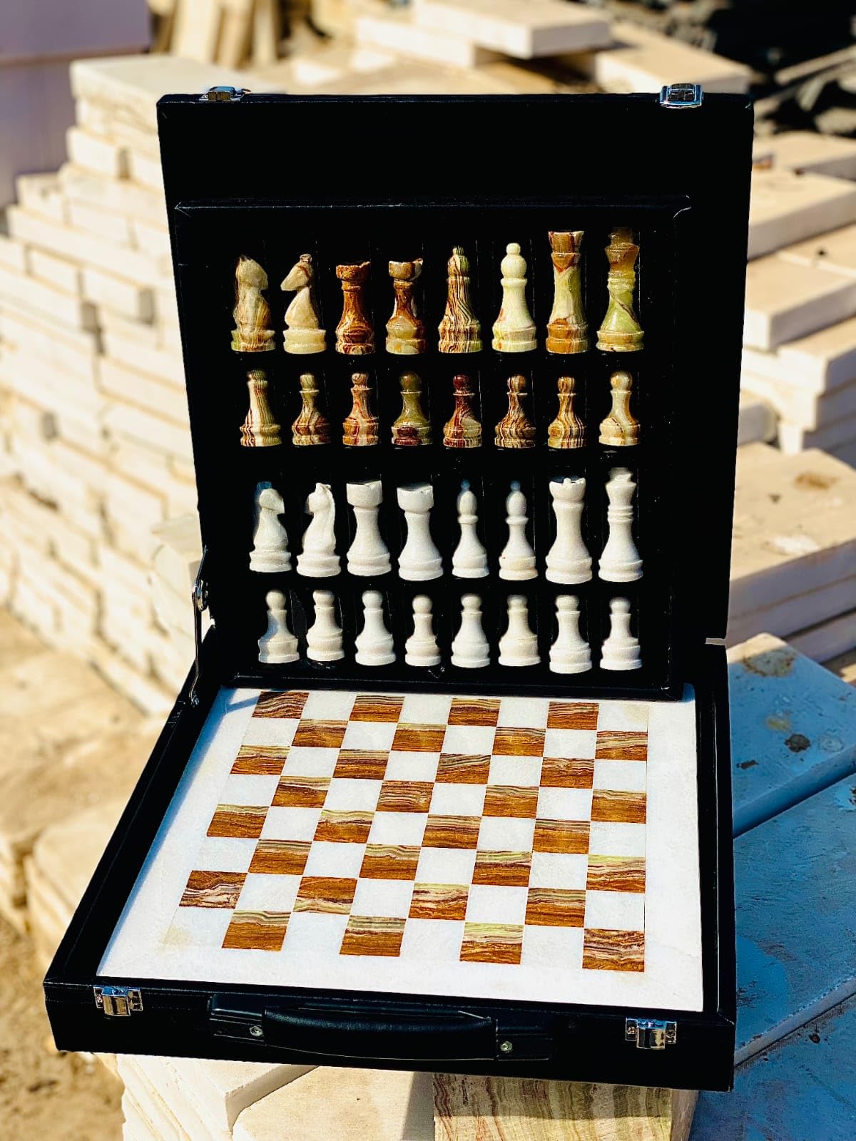 NatureBoost Marble Chess Set Handmade Onyx Full Chess Game Set.Comes in Rexine Box Packaging. Perfect for Gifting (White Multigreen)