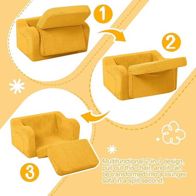 MeMoreCool Toddler Chair – Foldable 2-in-1 Kids Sofa Bed, Corduroy Lounge for 1-3 Years, Yellow Soft Foam Seat | Machine Washable | Convertible Couch for Toddlers’ Playroom or Nap Time