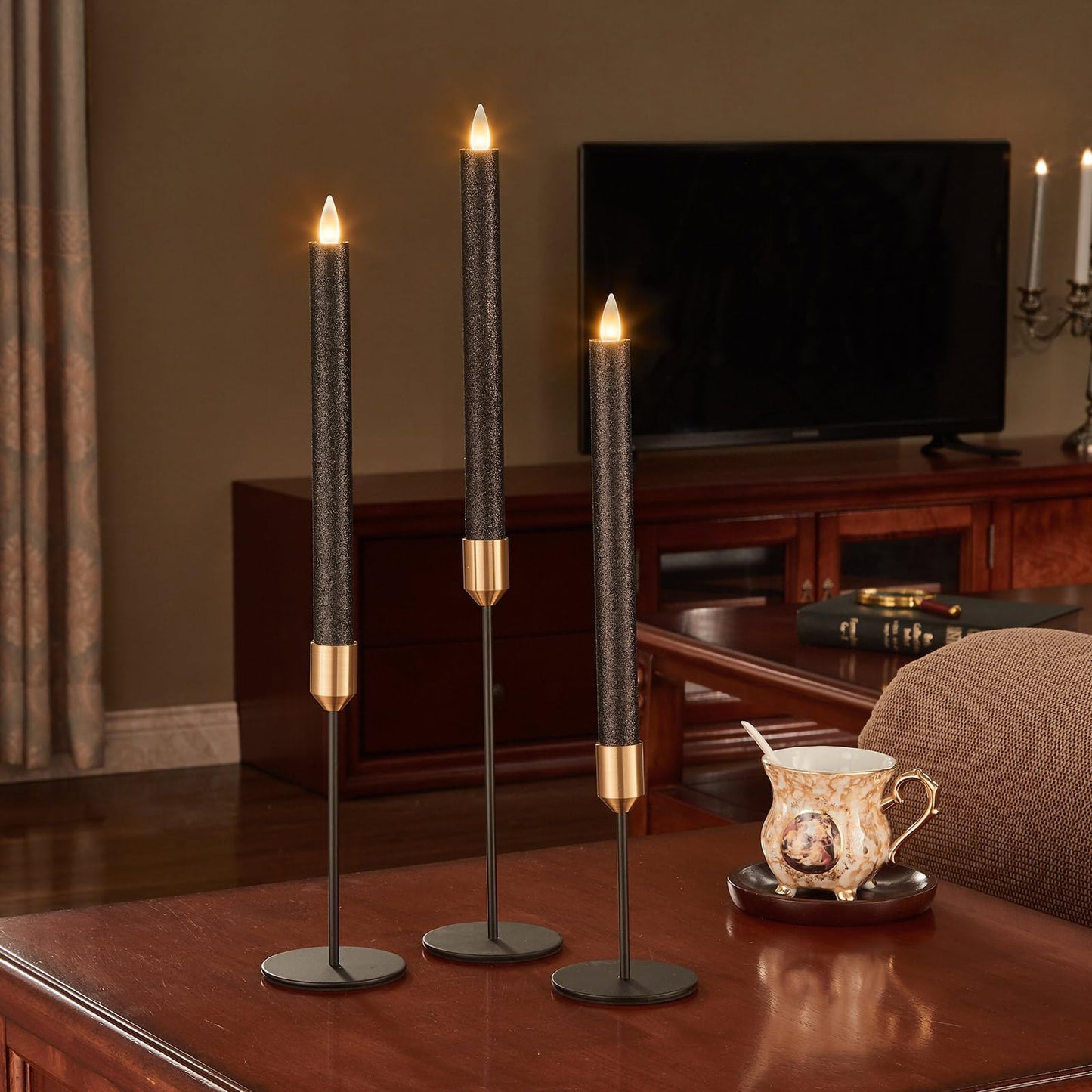 CozierGlow Flameless Taper Candles Flickering with Remote and Timer, 3D Moving Flame Taper Candle Battery Operated to 400 Hours, 9 Inch Window Candles, (Glitter Black)