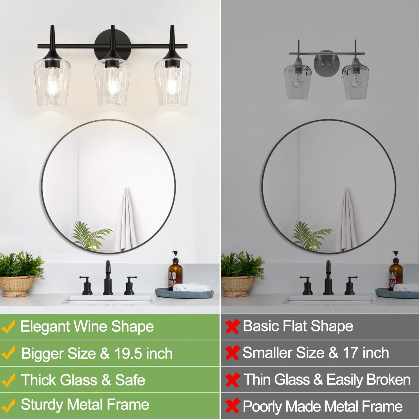 MOKATNG 2025 Upgrade 3-Light Bathroom Light Fixtures, Black Vanity Lights for Bathroom with Clear Glass, 19.5 Inch Bathroom Lighting Fixtures Over Mirror, Modern Wall lamp for Cabinet Hallway
