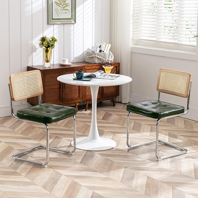 Zesthouse Natural Rattan Dining Chairs Set of 6, Modern Dining Room Chairs with Solid Wood Back for Kitchen Living Room, Mid Century Breuer Design Inspired, Upholstered Faux Leather Green