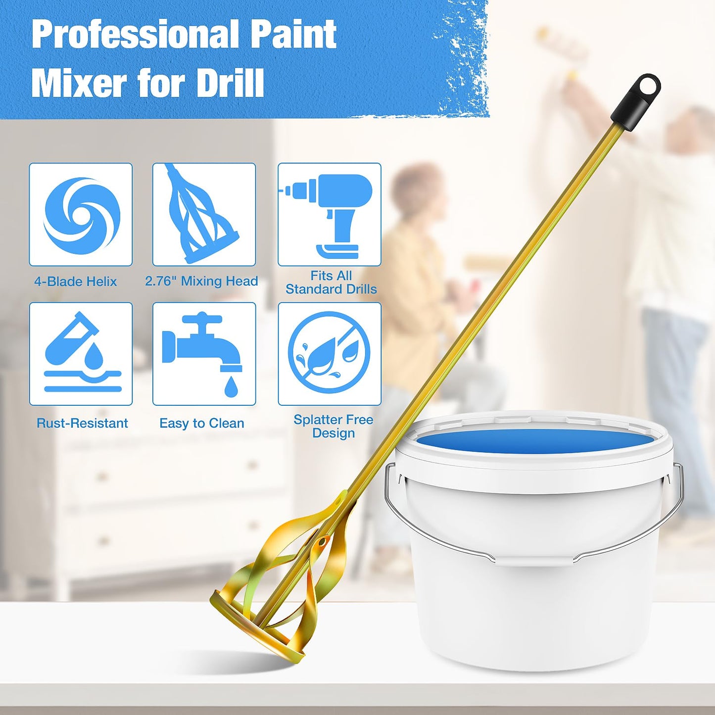 Youtex Paint Mixer for Drill, Upgraded 4-Blade 2.76" Helix Mixing Paddle Rust-Proof Paint Stirrer, Fits All Standard Drills for 1-5 Gallon Bucket, Paints, Resin, Epoxy, Mud, and Slurry