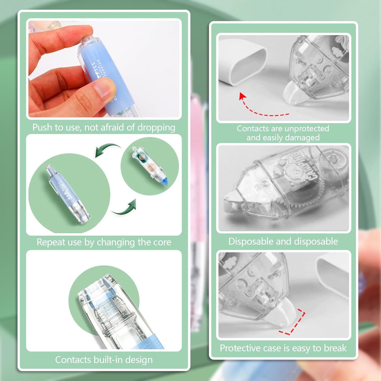 10 Pack Retractable Double Sided Tape Runner, Refillable Adhesive Tape Roller 0.23 Inch x 16.40 Ft, Glue Tape Roller with 360° Rotatable Tip for Scrapbooking Card DIY Accessories (5 Colors)