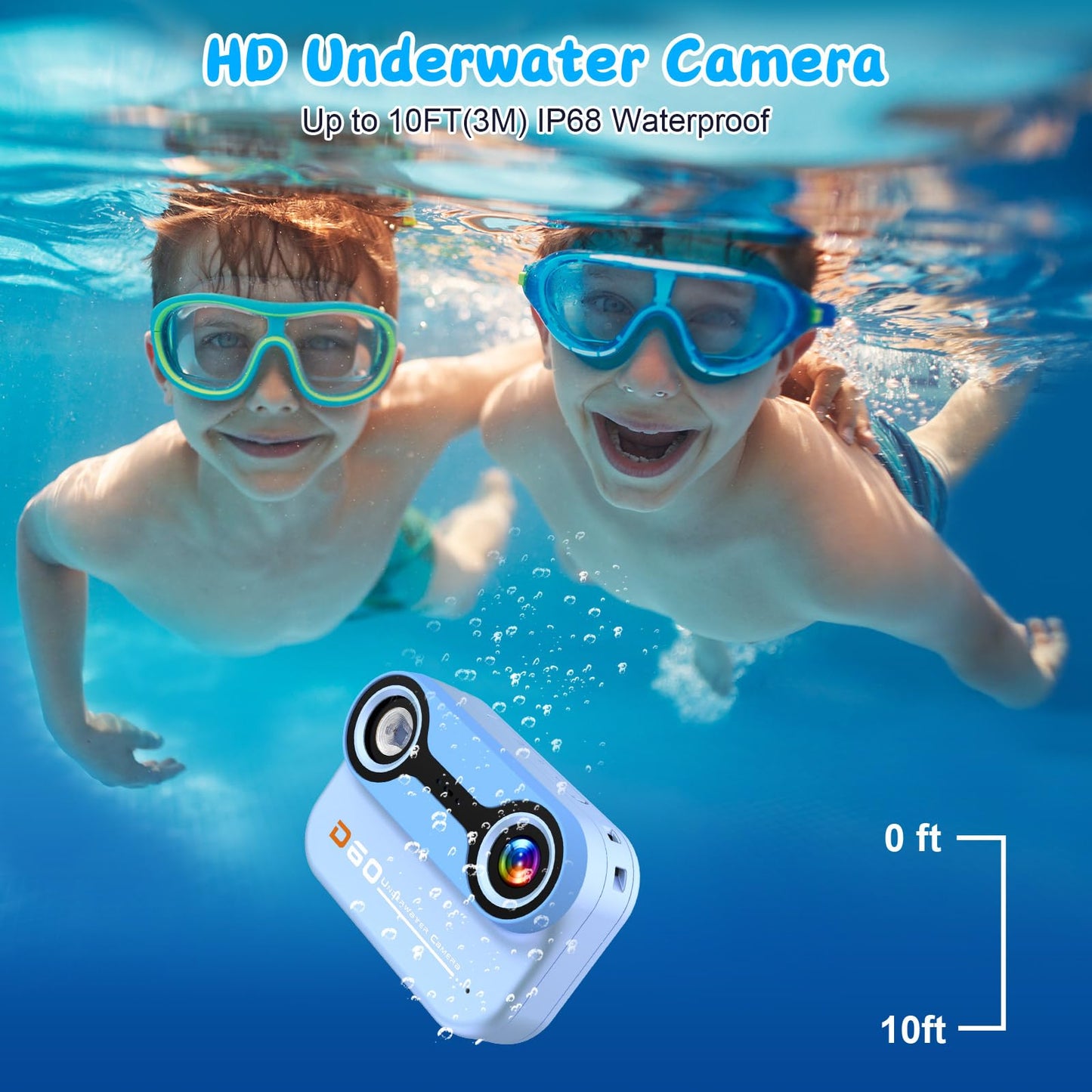 Nawchedo Kids Waterproof Camera, 10FT Underwater Camera, 26MP HD 10X Digital Camera with 2.4" IPS Screen, Kids Action Camera, Blue