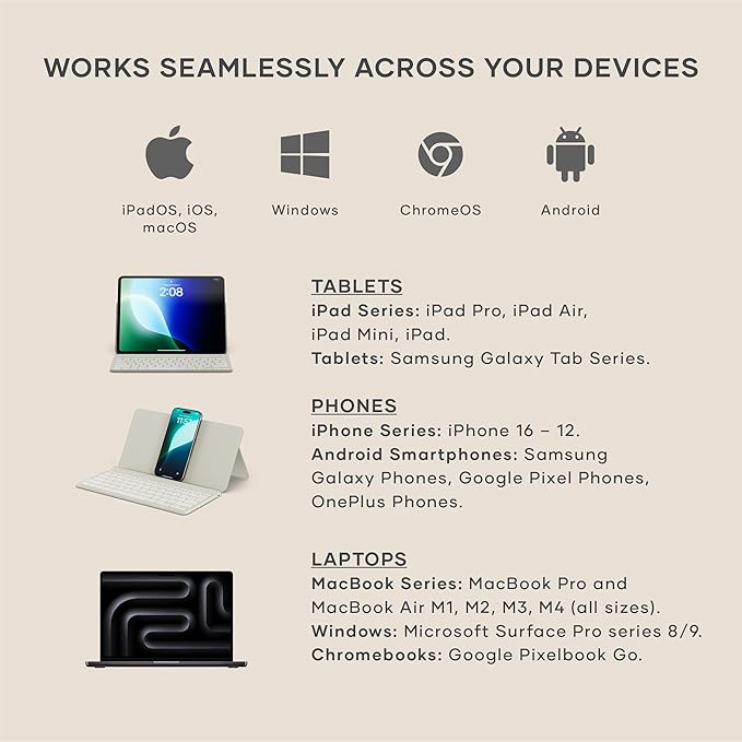 Satechi OntheGo Bluetooth Keyboard with Adjustable Stand, Connect up 3 Devices, USB C Rechargeable Battery, Compact and Portable Keyboard for iPad, Tablet – Sand