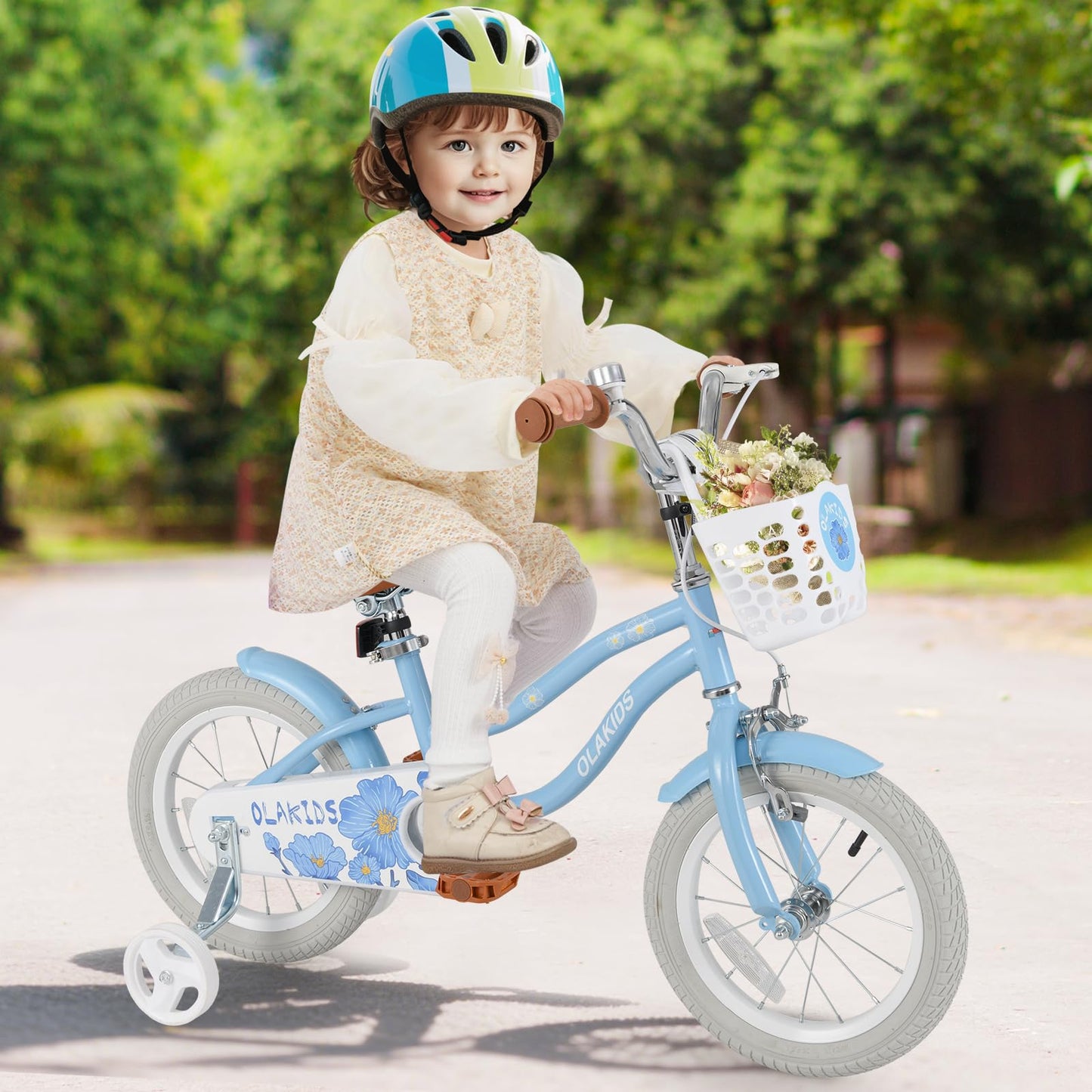 Olakids Kids Bike, 12 14 16 18 Inch Toddlers Bike with Training Wheels Basket Safety Bell Adjustable Seat Handlebar, Handbrake and Coaster Brake, Children's Bicycle for Girls Boys
