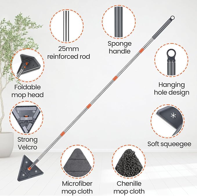 Baseboard Cleaner Tool with 84" Long Handle, 360° Wall Mop with Triangle & Rectangle Heads & 8 Reusable Pads for Baseboard, Wall, Ceiling Cleaning