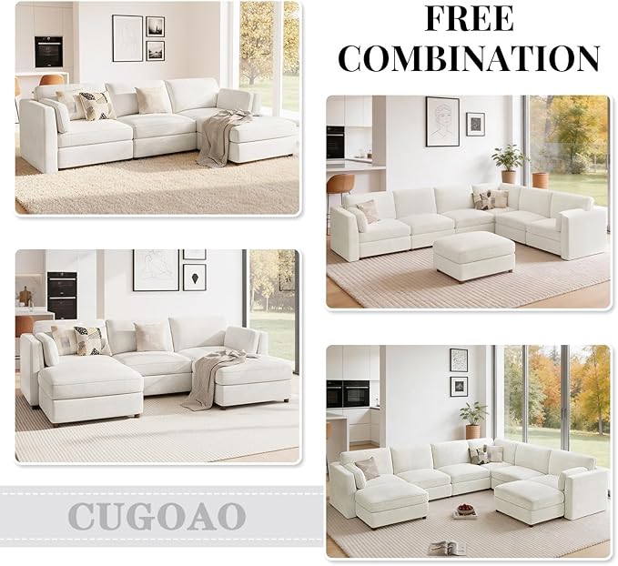 CUGOAO 117.7'' Modular Sectional Sofa, Oversized L-Shaped Sectional Couch, Deep Seat Chenille Cloud Couch, Removable Cover, Mordern Upholstered Couches for Living Room, Apartment, Office, Beige