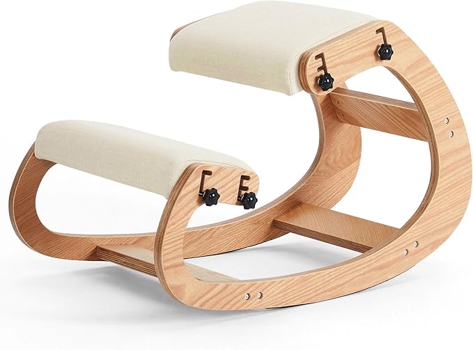 MoomJiee Ergonomic Kneeling Chair, Adjustable Rocking Knee Chairs for Home Office, Wooden Office Knee Chair for Back Pain Relief, Beige