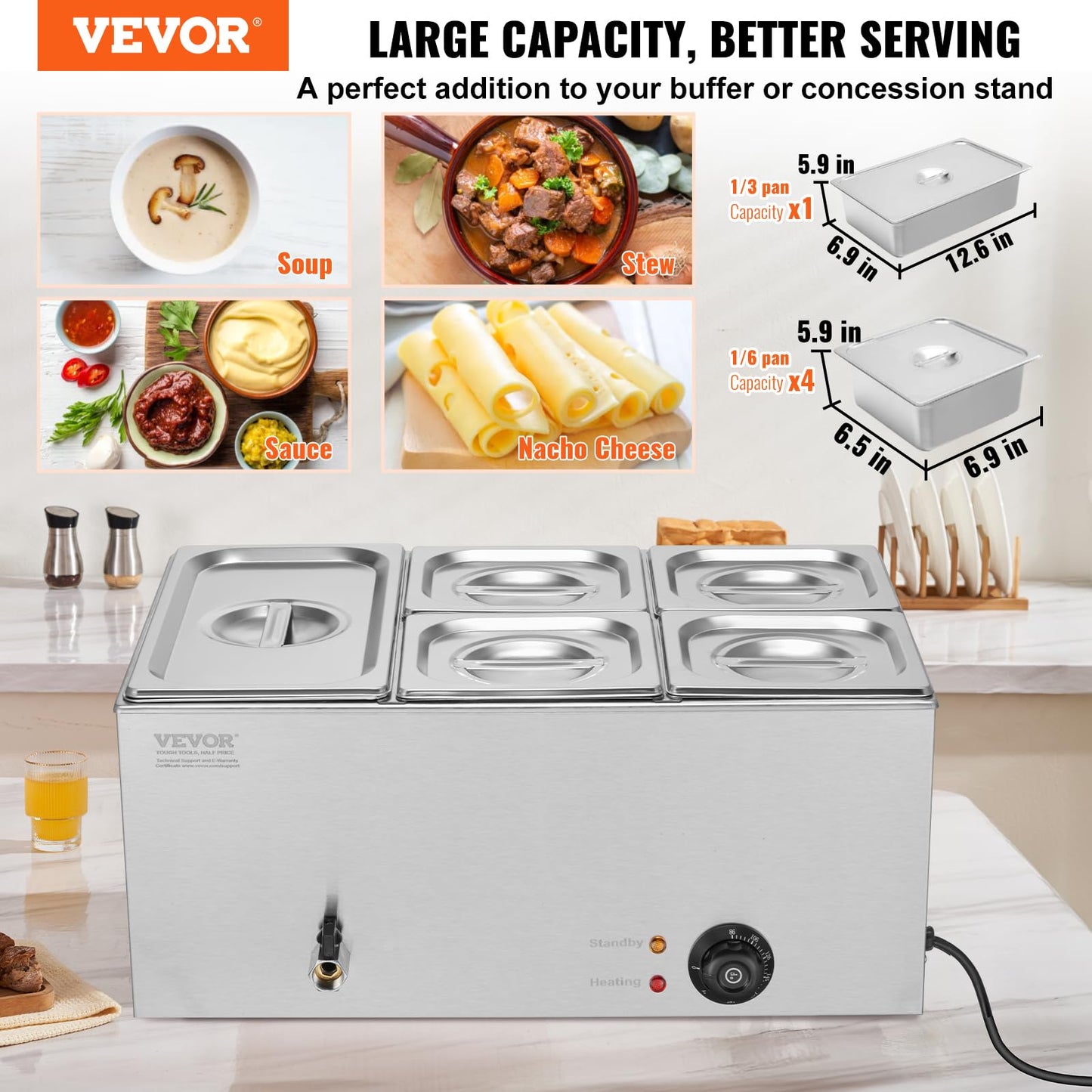 VEVOR 5-Pan Commercial Food Warmer, 24QT Electric Steam Table, 1200W Professional Countertop Stainless Steel Buffet Bain Marie with 86-185°F Temp Control for Catering and Restaurants, Silver
