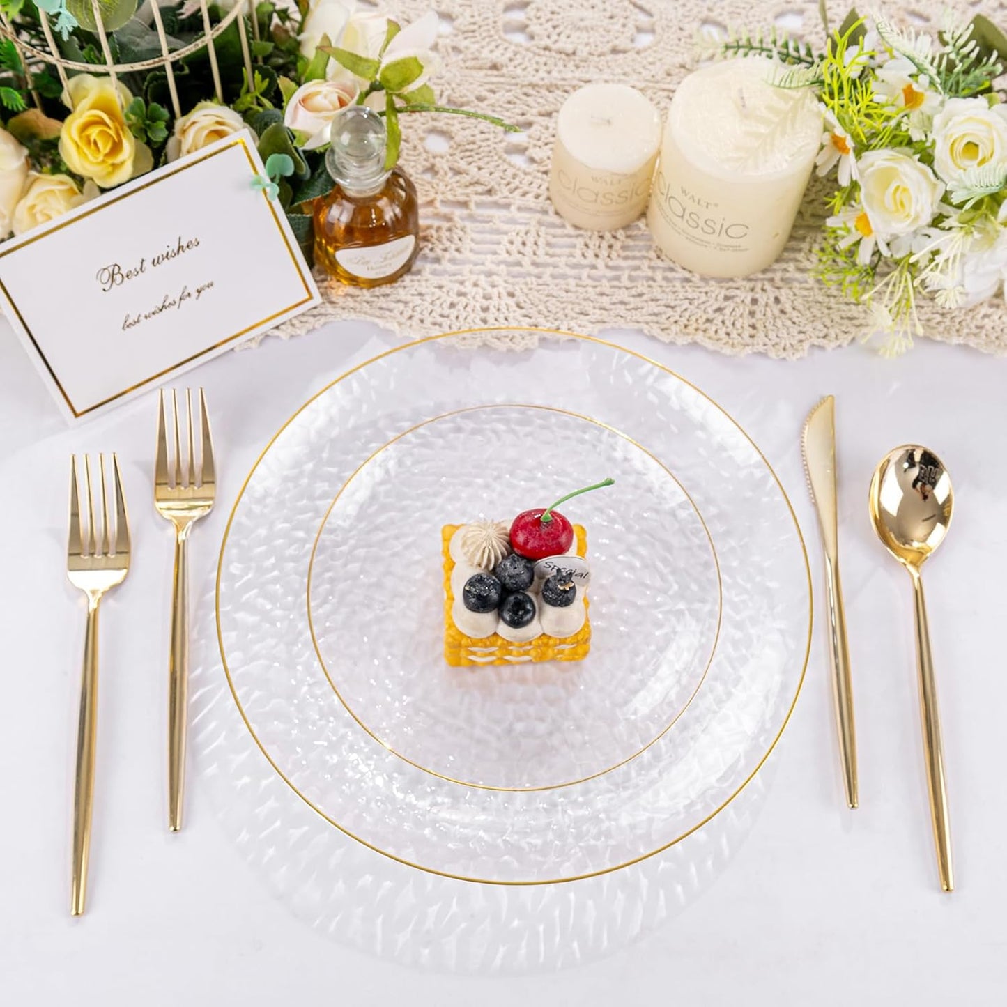 Rubtlamp 100Pcs Clear Gold Plastic Plates, Disposable Plates With Gold Rim, Heavy-duty Party Platos, Hammered Plastic Plates Include 50 Clear Dessert Platos, 50 Dinner Platos for Party