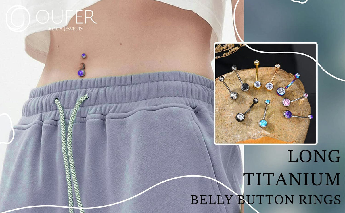 OUFER Titanium Belly Button Rings, Internally Threaded 14mm Long Belly Ring, Round CZ Navel Rings for Women Men (Purple)