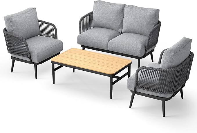 5-Piece Outdoor Patio Furniture Set All Weather 4-Seat Sofa with Coffee Table & Waterproof Thick Cushion – Patio Conversation Sets for Lawn, Balcony, Porch, Muebles para Patios Exteriores