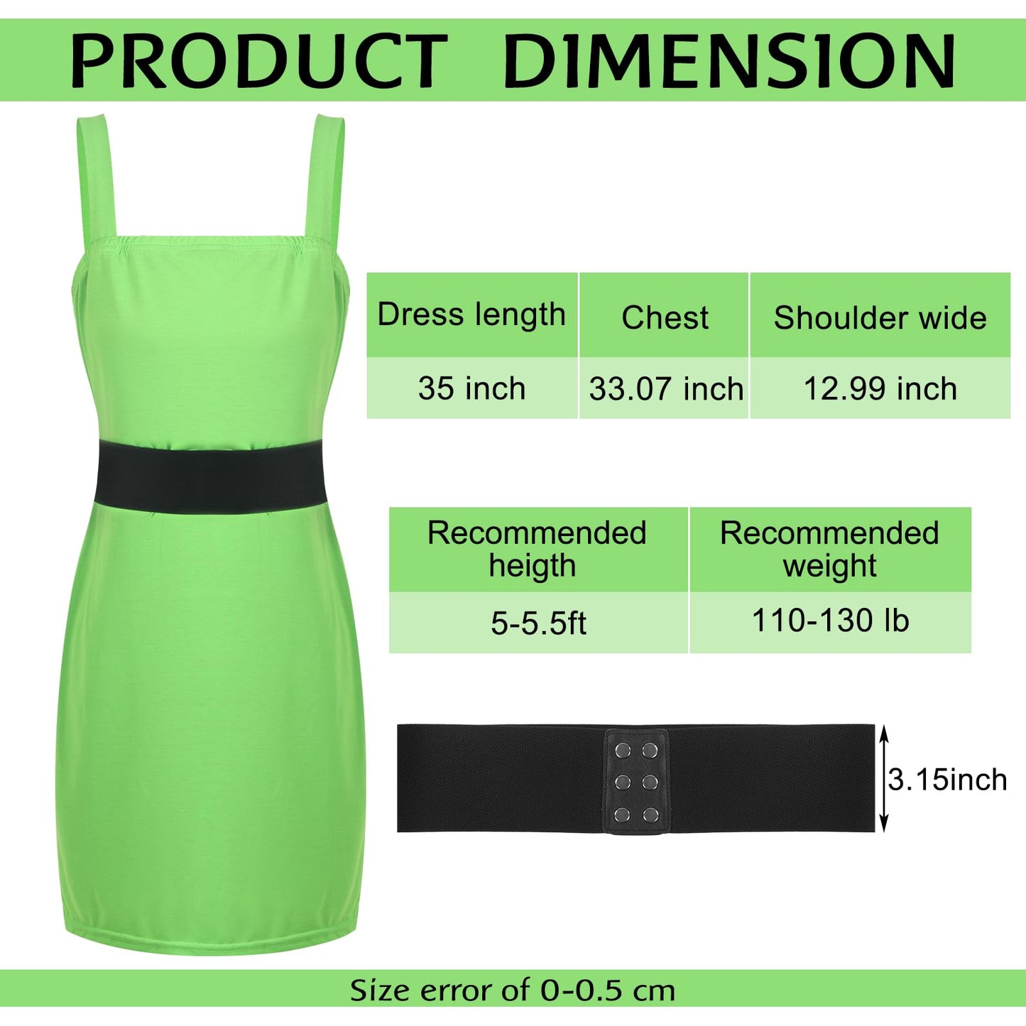 Croloose Women's Power Animated Costume Set Vest Dress Wide Cinch Black Belt Tank Dress for Halloween Party Character Cosplay (Green)