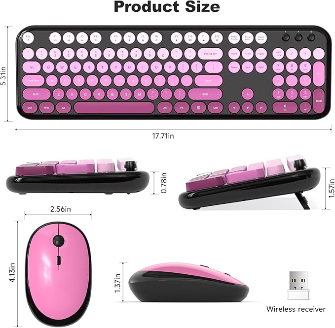 Wireless Keyboard and Mouse Combo, MOWUX Colorful Computer Full Size 2.4G Plug and Play Wireless Typewriter Keyboard and Mouse Set for Computer, Desktop, PC (Black Pink Gradient)
