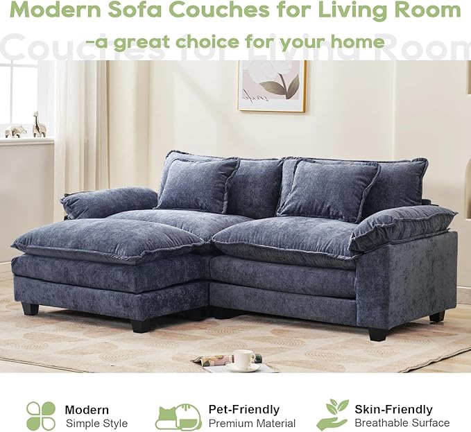 Oprisen 86" Modular Sectional Sofa, Comfy Cloud Couch Sectional Sofa with Ottoman, Chenille Sofa Sleeper Deep Seat Sofa with Throw Pillows for Living Room (Blue, 86"- L Shape)