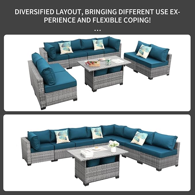 Rattaner Patio Furniture Sectional Sofa Set 9 Pieces Outdoor Wicker Furniture Couch Large-Size Storage Table with Thicken(5") Anti-Slip Peacock Blue Cushions