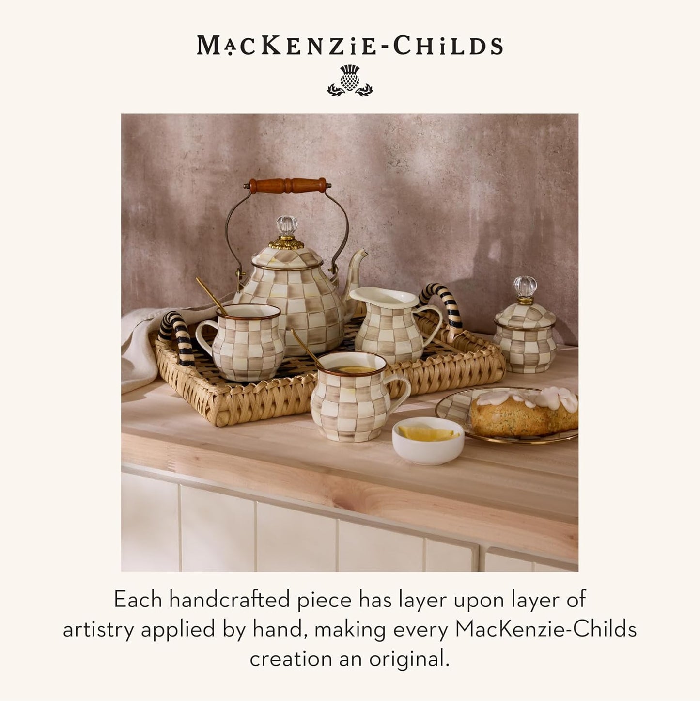 MACKENZIE-CHILDS Enamel Oval Platter, Serving Plate for Entertaining, Small, Brown-and-White Mocha Check
