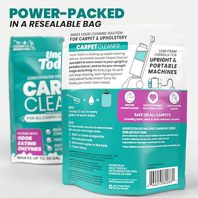 Uncle Todd's Carpet Cleaner Powder | Enzyme Formula for Carpet Machines | Removes Pet Odors & Stains | Safe for Carpets, Rugs & Upholstery | Makes 30 Gallons
