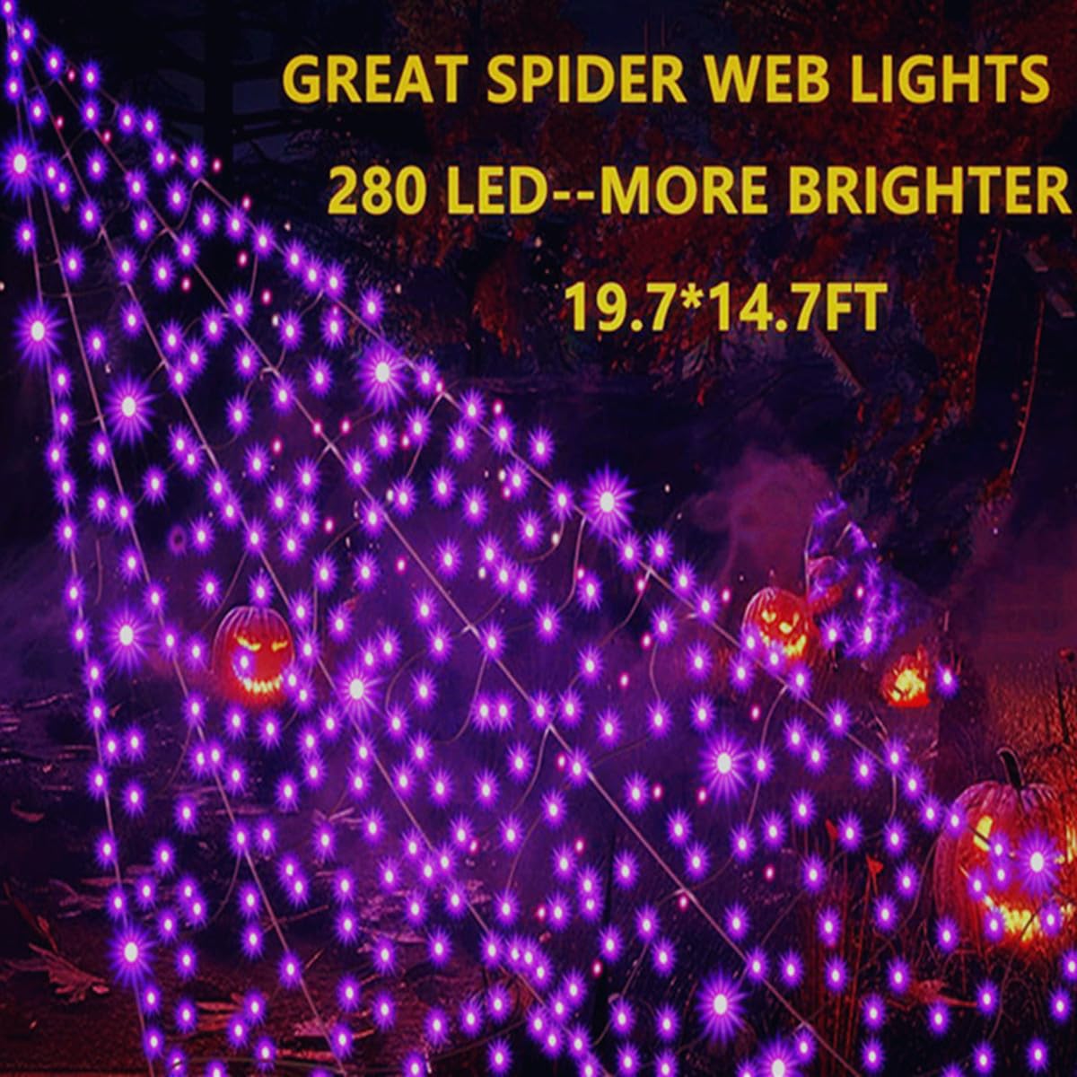 Halloween Decorations Spider Web Lights, 280 LED 19.85Ft*14.76Ft Purple Giant Led Spider Web Light with 8 Modes Purple Spider Web Lights for Patio, Garden, Haunted House Décor
