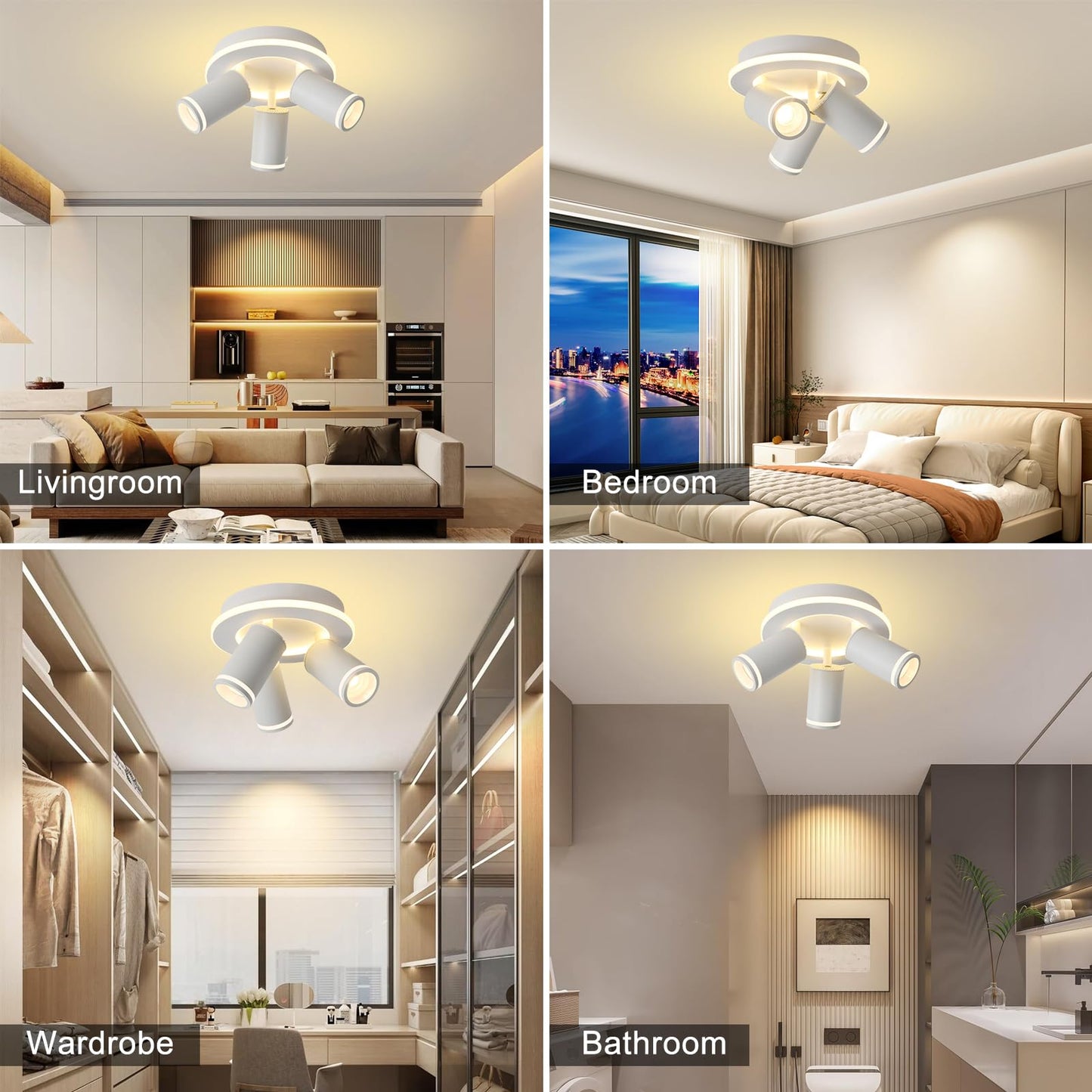LED 3 Light Track Lighting Kit, White Round Ceiling Spot Lighting Fixture with Flexibly Rotatable Heads, Modern Spotlight for Kitchen, Living Room, Bedroom, Dual Lighting Design,Includes 3 x GU10 Bulb