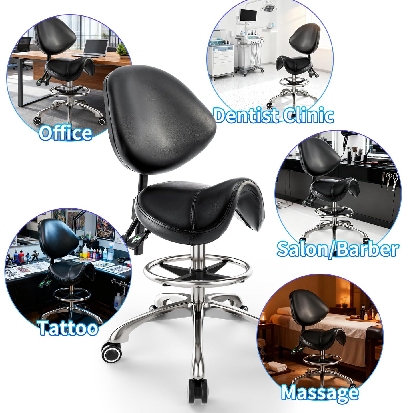 Saddle Chair with Back Support - Adjustable Height with Foot Rest,350 LBS Capacity Ergonomic,360° Swivel Drafting Chair for Salon,Spa,Massage,Tattoo,Facial lash,Home, Dentist Clinic (Black)