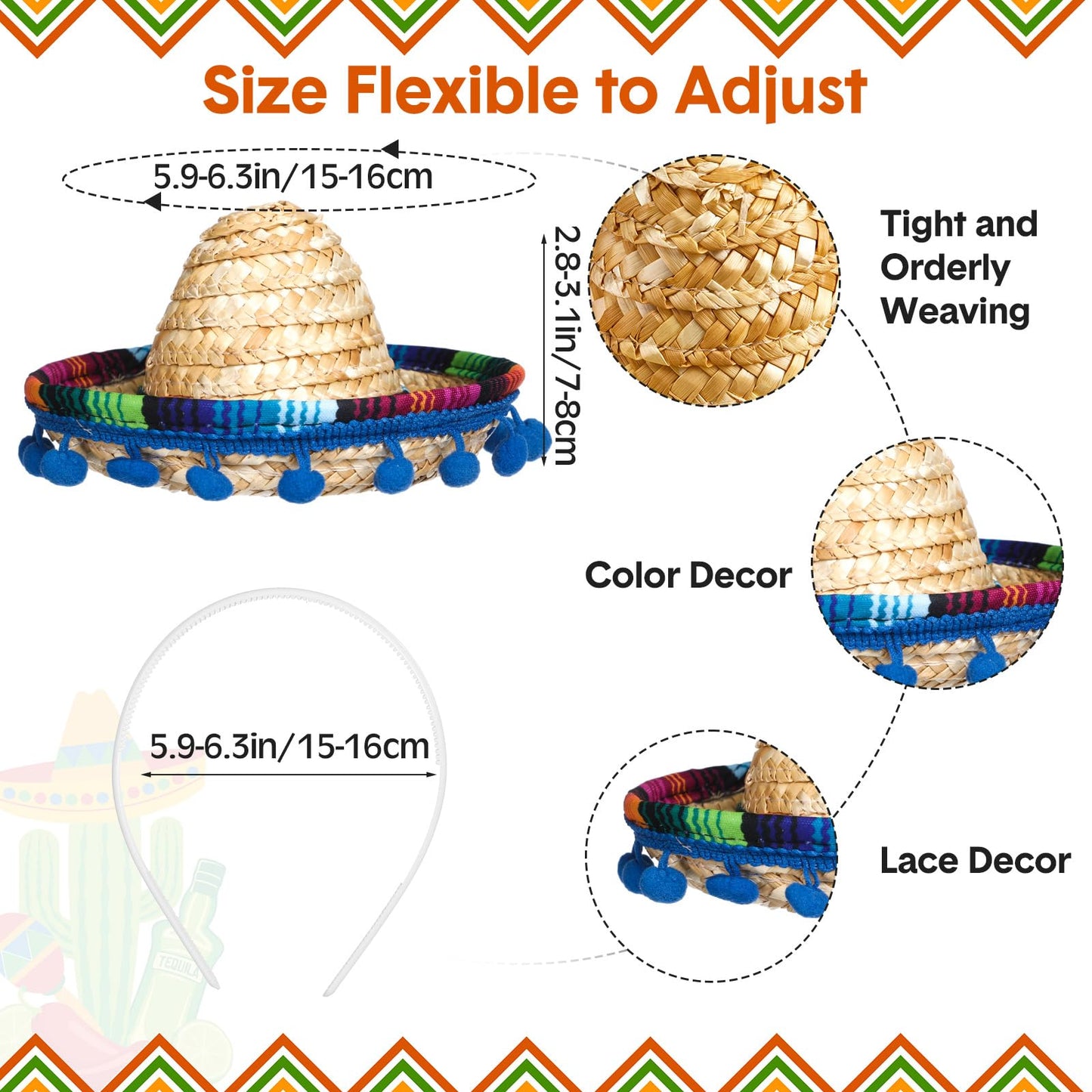 Mumufy 12 Pcs Cinco De Mayo Sombrero Headband Hats Bulk Mini Hat Headband with Fiesta Fabric Mexican Theme Decorations (Pastoral)