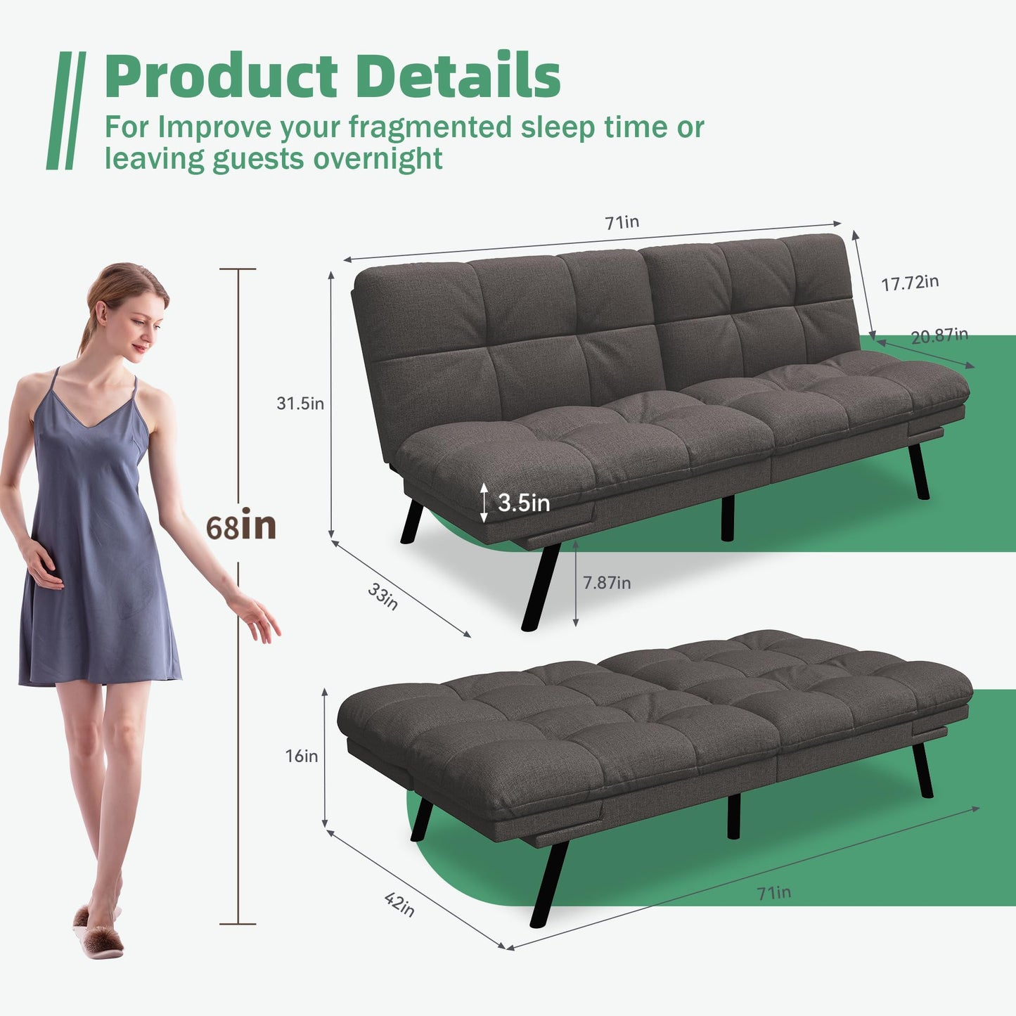 Opoiar Convertible Futon Sofa Bed,71" Memory Foam Futon Couch,Detachable Cushion,Adjustable Backrest & Armrest,Linen Modern Loveseat Sleeper Recliner for Living Room,Office,Apartment,Retro Grey