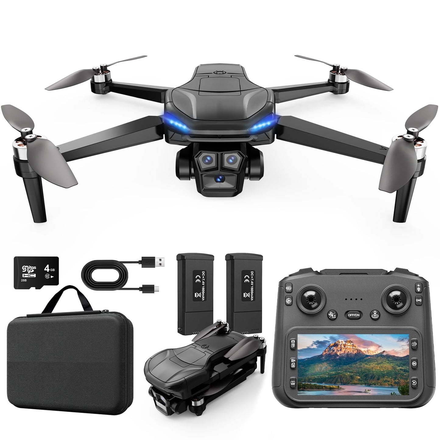 ScharkSpark 4K GPS Drone with 4.5” HD Screen, Brushless Motor, Auto Return, 60-Min Flight, Under 249g, Black - Great for Beginners