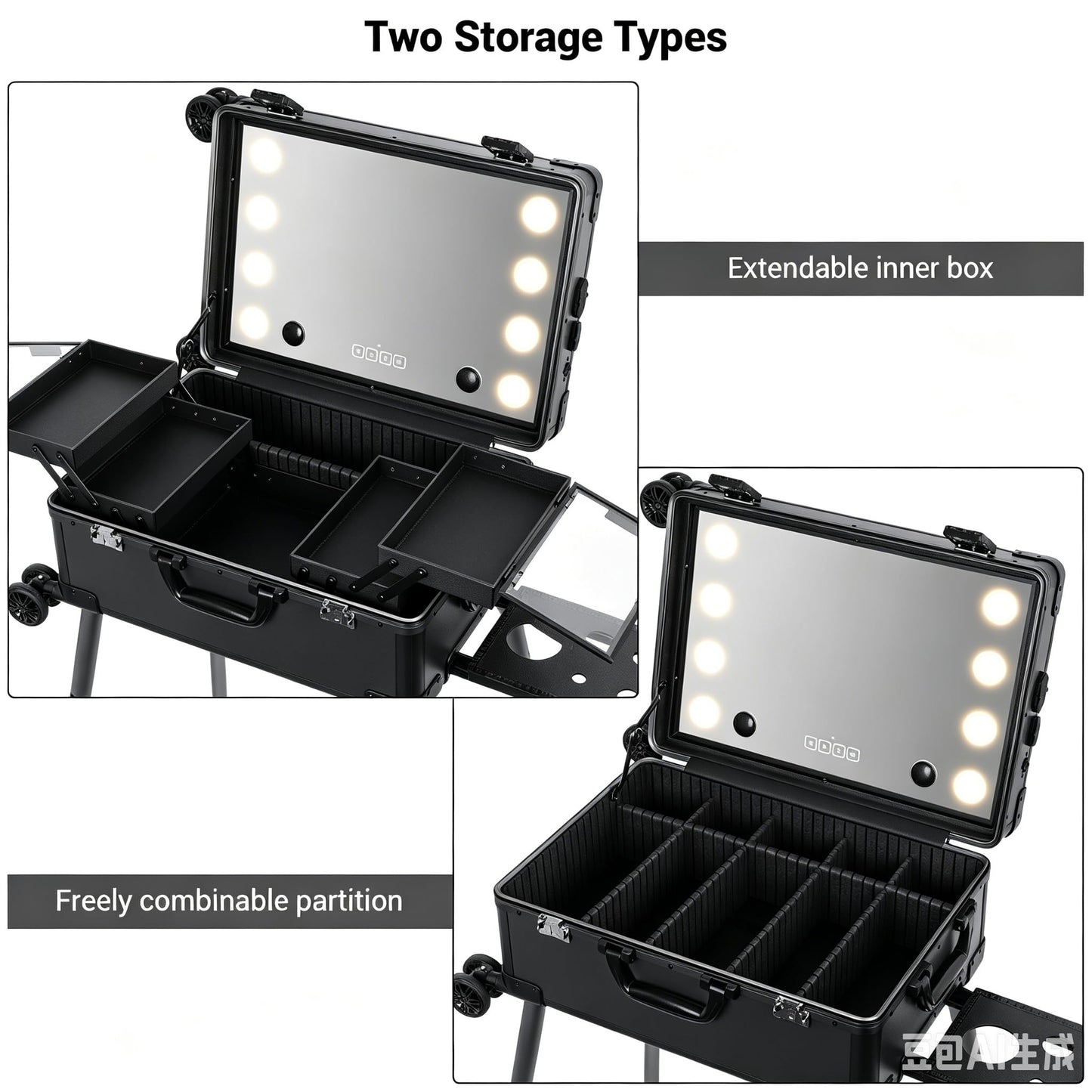 Aiborke Rolling Makeup Train Case with Lighted Mirror and Bluetooth Speaker Professional Cosmetic Organizer Case with Wheels, Stands Portable Makup Station Vanity for Travel (Standard Black, Small)