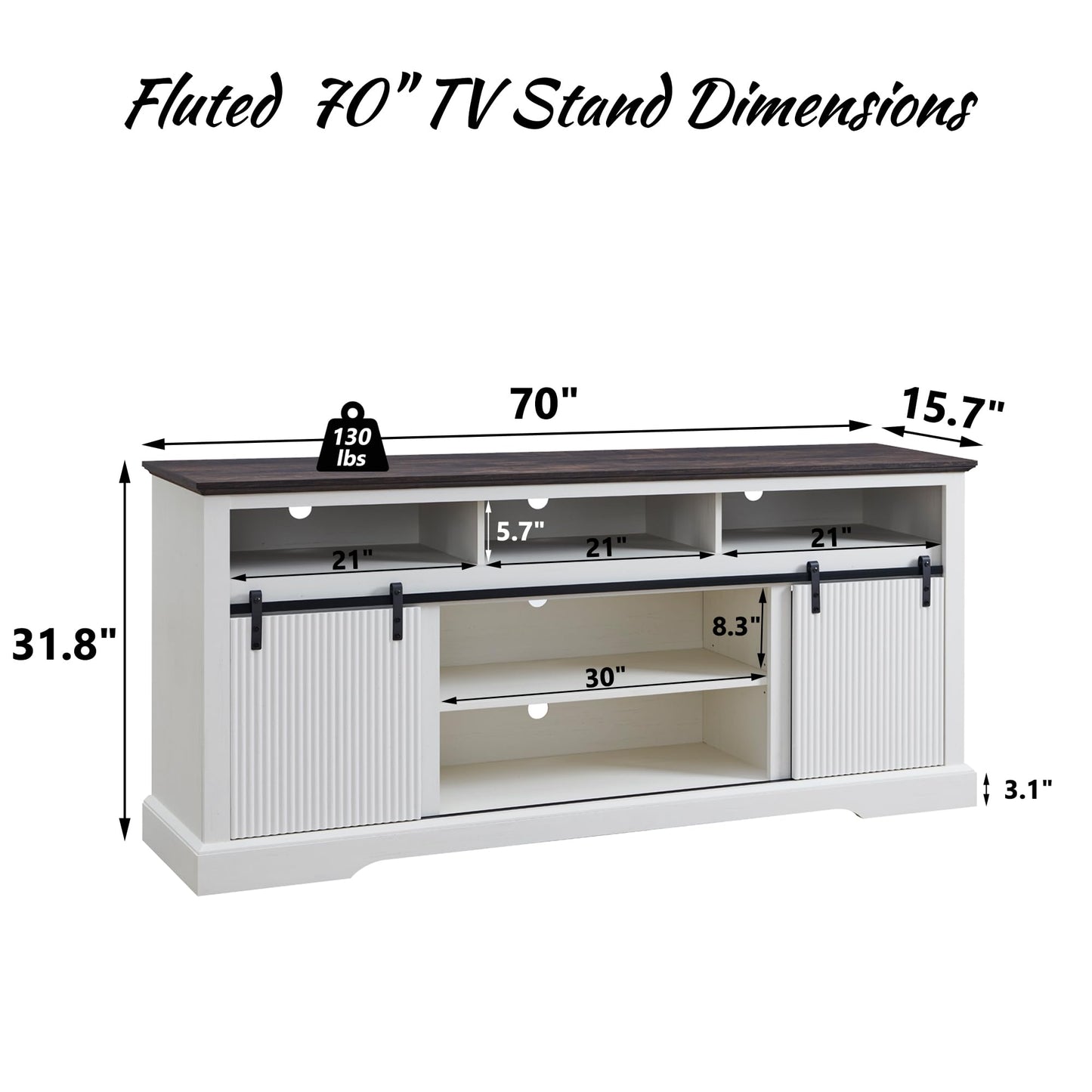Fluted TV Stand for 80 Inch TVs, 32" Modern Entertainment Center with Waveform Panel Sliding Door, Media Console Cabinet w/Storage, Soundbar & Adjustable Shelf for Living Room, 70 inch (White)