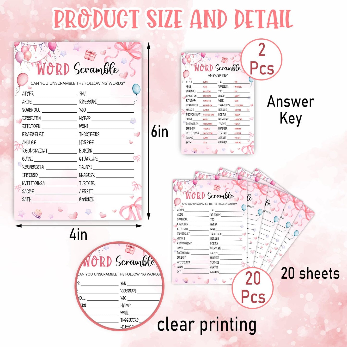 Coquette Pink Bow Themed Sleepover Slumber Party Supplies-Pink Slumber Party Games Card - Sleepover Stuff- Birthday Night Games Creative Idea -Word Scramble- 20 Game Cards and 2 Answer Key
