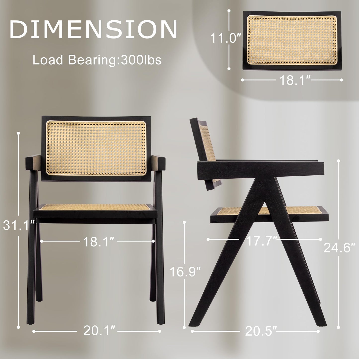 comfy to go Cane Dining Chairs Set of 4, Rattan Kitchen Chairs Black for Dining Room with Armrest