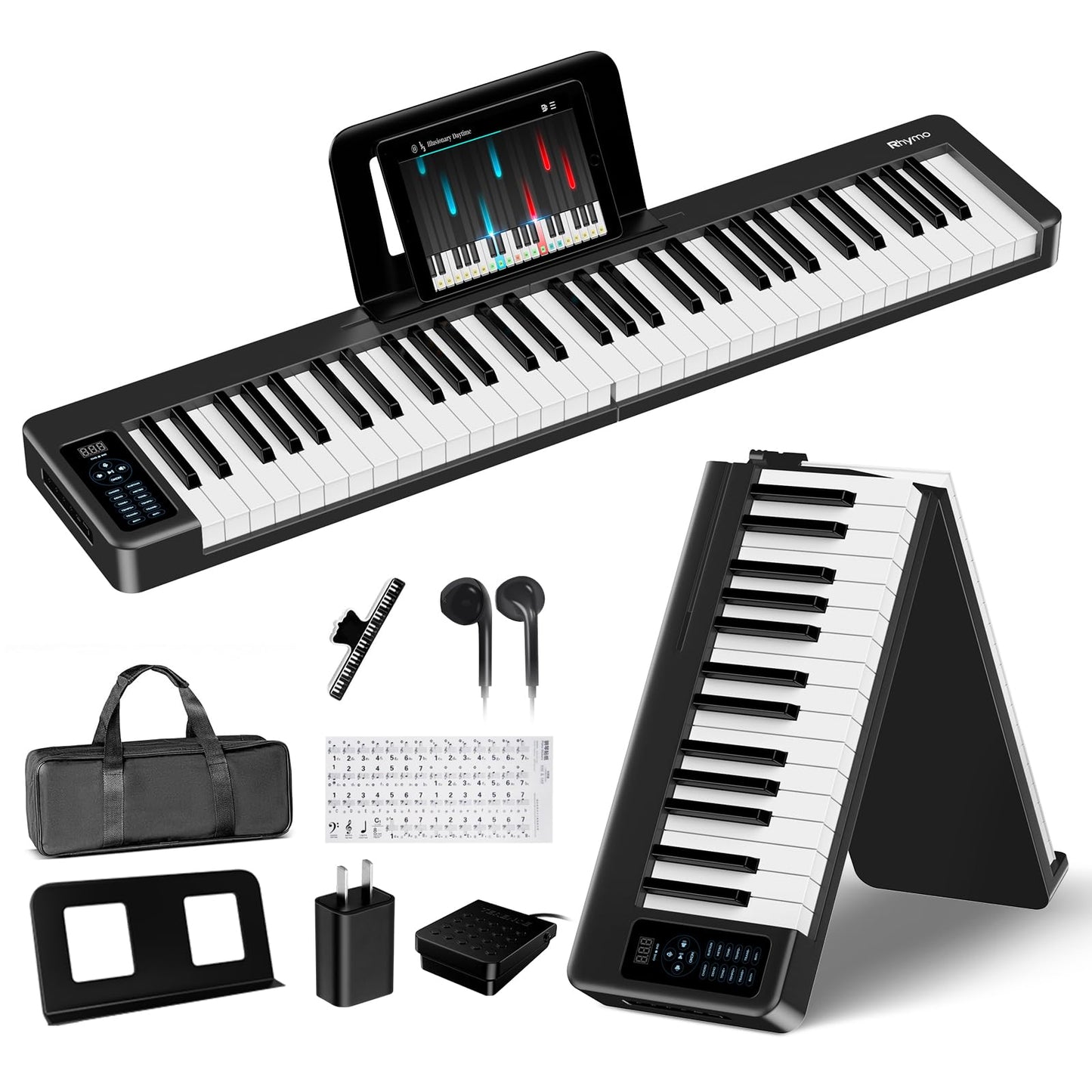 Rhymo Folding Piano Keyboard, 61 Keys Sensitive Electric Piano, Weighted Portable Electric Keyboards with Bluetooth MIDI, Digita