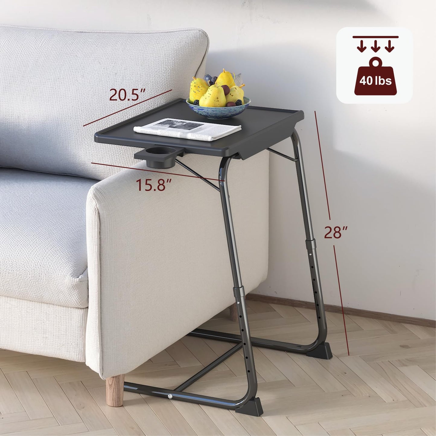 IWDOO TV Tray Table, Adjustable TV Dinner Table for Eating on Couch with Cup Holder, Folding Couch Desk with 6 Height & 3 Tilt Angle Adjustments, Comfortable Laptop Stand for Bed & Sofa, Black