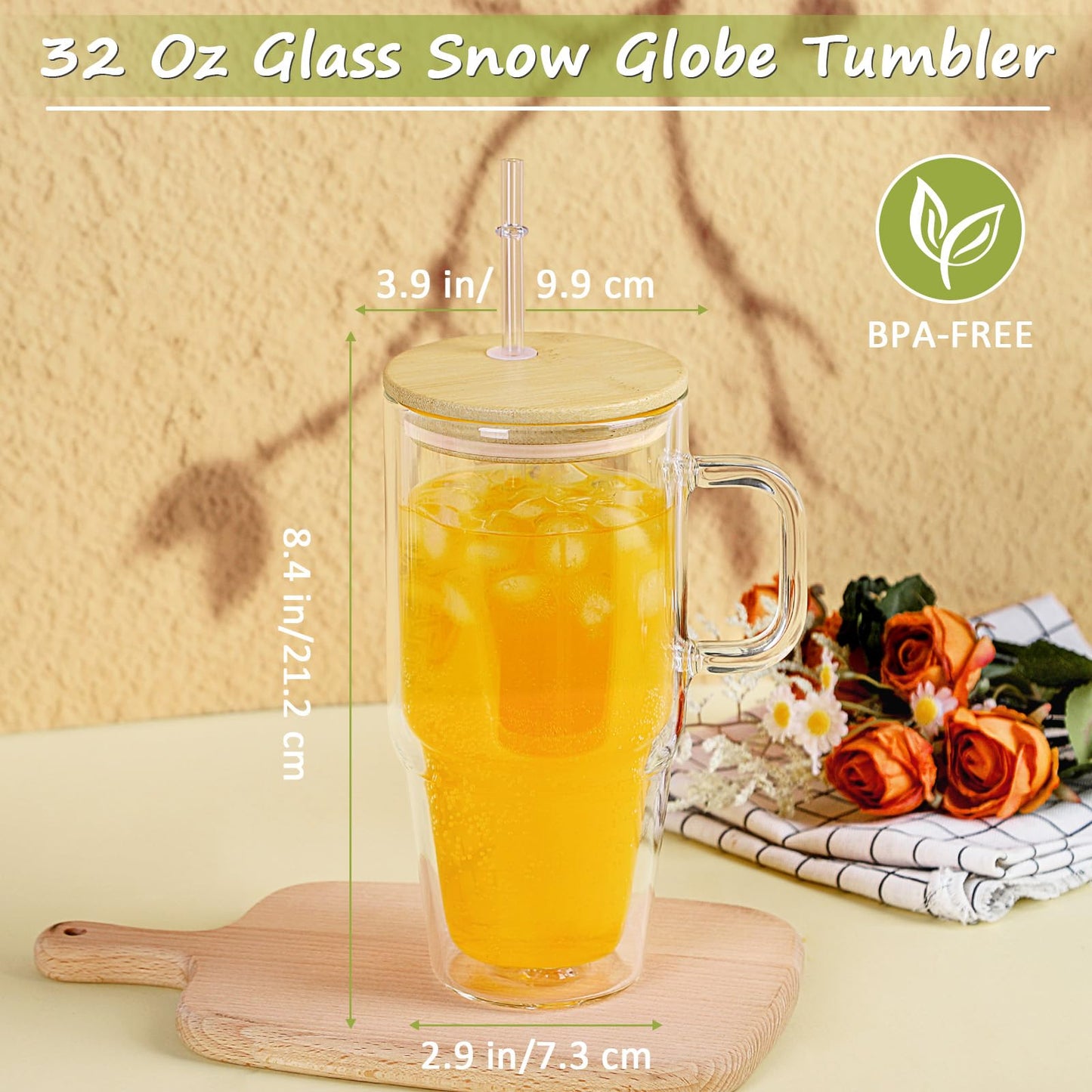 32 Oz Glass Snow Globe Tumbler Cup With Handle, Pre-Drilled Double Wall Glass Coffee Mug For Snow Globe Diy Glitter