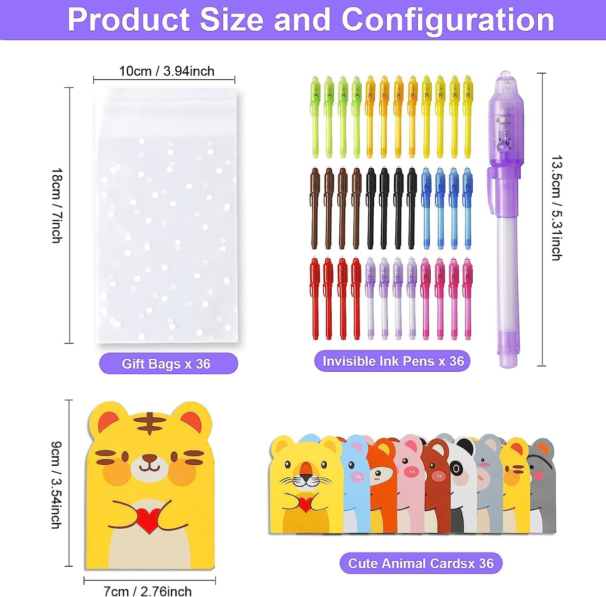 DazSpirit 36PCS Invisible Ink Pens with UV Light, Spy Pens with Animal Cards & Goodie Bags, Party Favors for Kids 8-12, Classroom Prizes, Stocking Stuffers