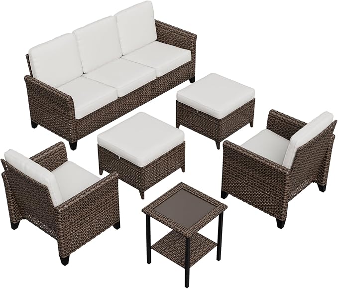 COOS BAY Harbor Retreat 6 Piece Outdoor Furniture Set, Patio Conversation Set with Patio Chairs, 3 Seat Couch, Side Table and Ottomans, Wicker Furniture, Brown/Beige