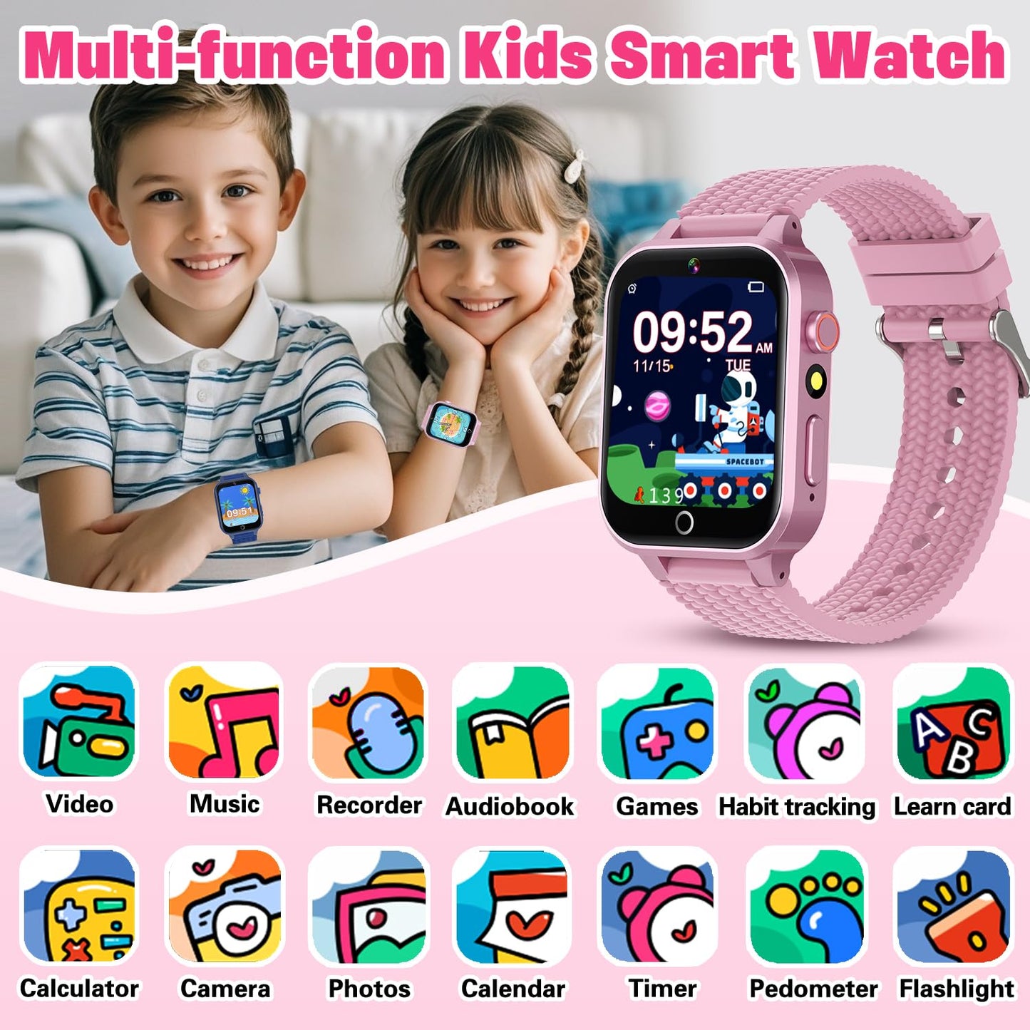 Kids Smart Watch for Girls Age 5-12, Kids Watch with 26 Games, Camera Music Player Pedometer Habit Tracking HD Touchscreen Flashlight Smart Watch for Kids Birthday Gifts for Girls Ages 6 7 8 9 (Pink)