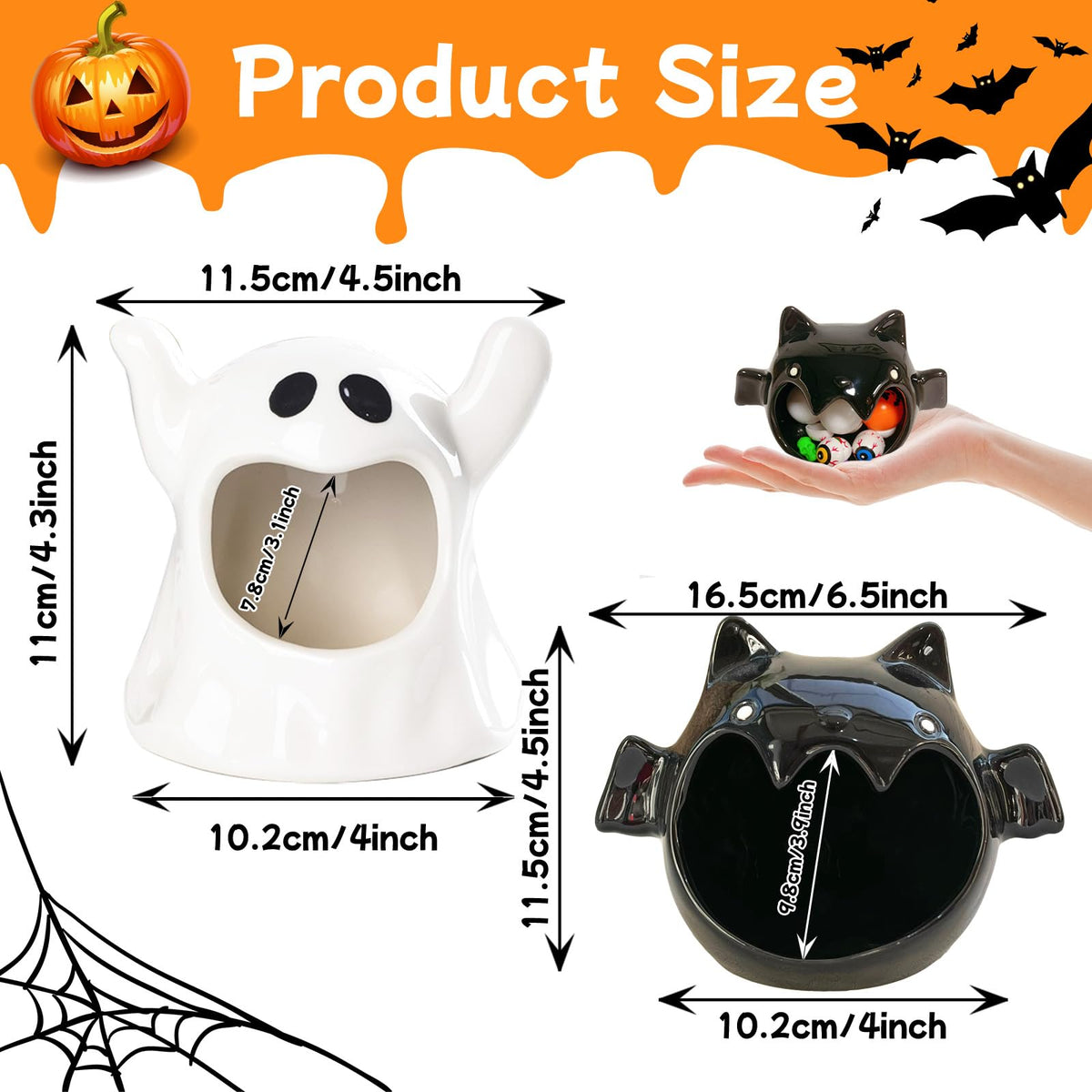 Jremreo 2 Pack Halloween Candy Bowls, 4 Inch Ceramic Ghost and 6.3 Inch Bat Holders, Trick or Treat Dish Candle Holder for Tiered Tray, Ornament Tableware Centerpieces, Gifts and Party Decorations