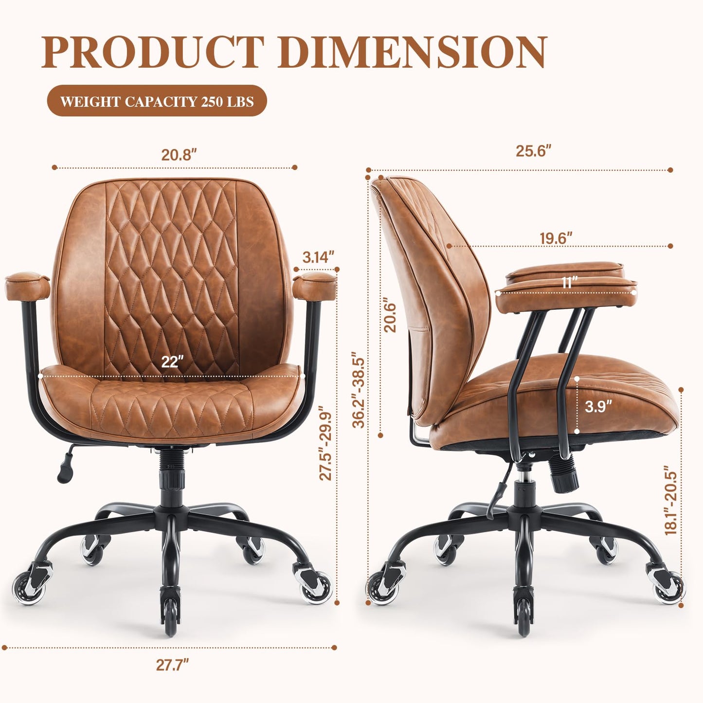 Home Office Desk Chair Mid-Century Modern Faux Leather Chair with Lumbar Support, Mid Back Ergonomic Computer Chair Swivel Rolling Executive Armchair