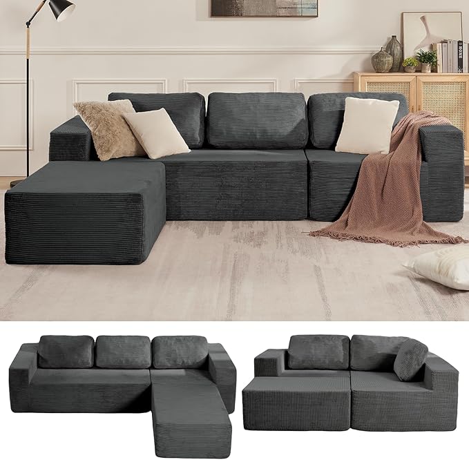 Furnify Loveseat Sofa, Cloud Modular Sofa Couch, Upholstered Floor Sofa with Deep Seat, Upholstered Foam Couch for Bedroom Living Room, No Assembly Required (Corduroy Fabric, Grey)