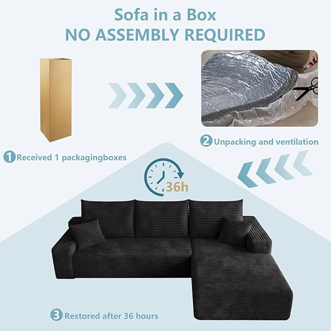 95" Cloud Sectional Couch with L-Shape Chaise, Modern Corduroy Boneless Couch for Living Room,Memory Foam Sofa with Deep Seat,No Assembly Required (Black,Right-Facing Chaise)