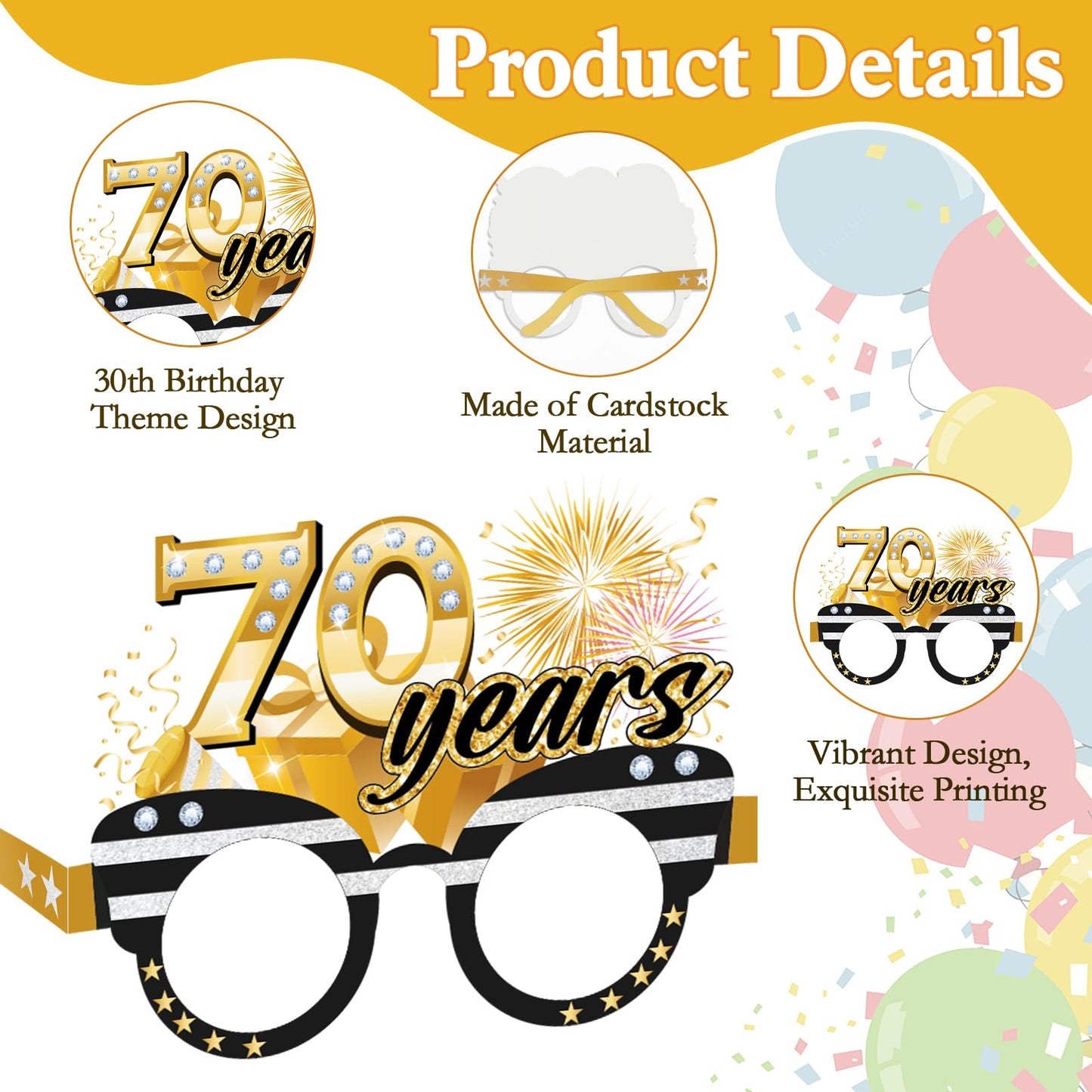 Konsait 70th Birthday Glasses - 18 Pack Paper Glasses for Men & Women, 70th Birthday Party Favors & Props