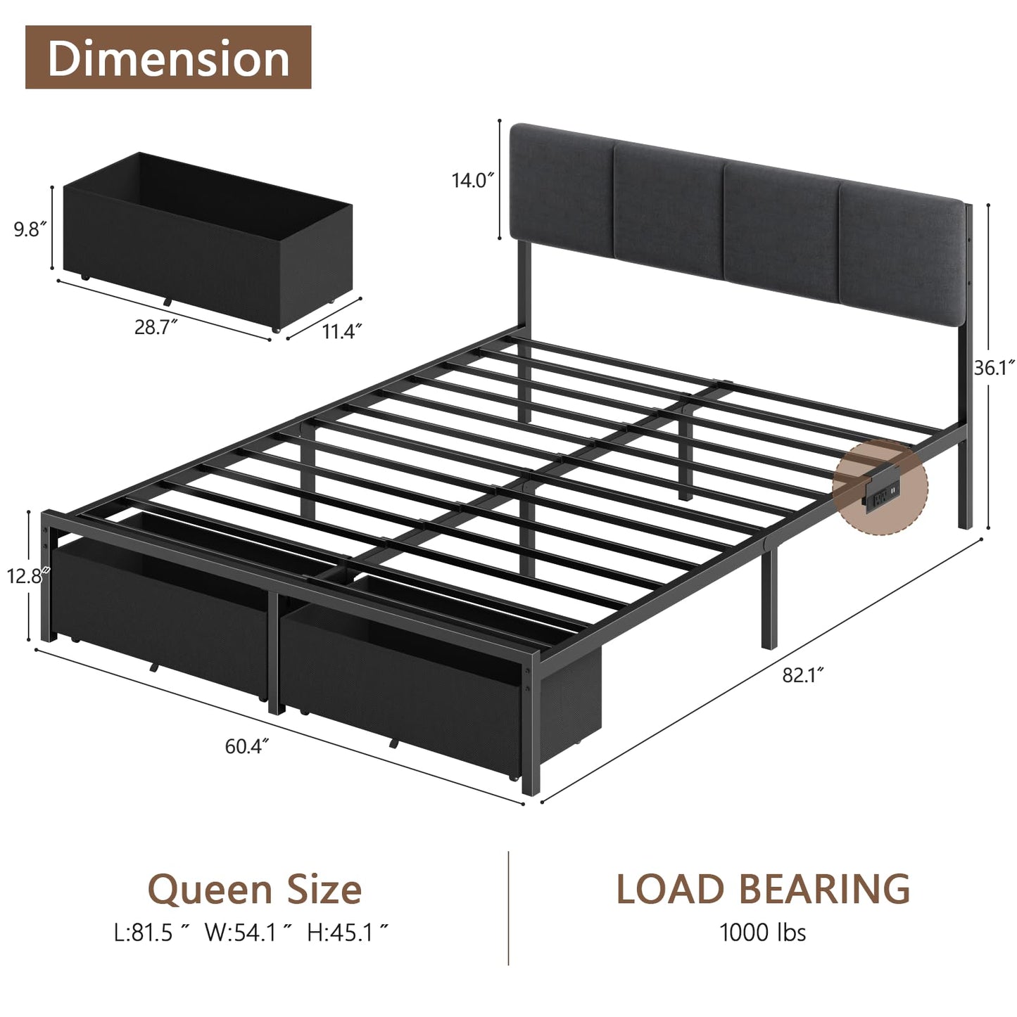 Furnulem Queen Bed Frame with Headboard,Platform Bed Frame Queen Size with 2 Storage Drawer, Upholstered Bedframe with Charger Station and LED Lights