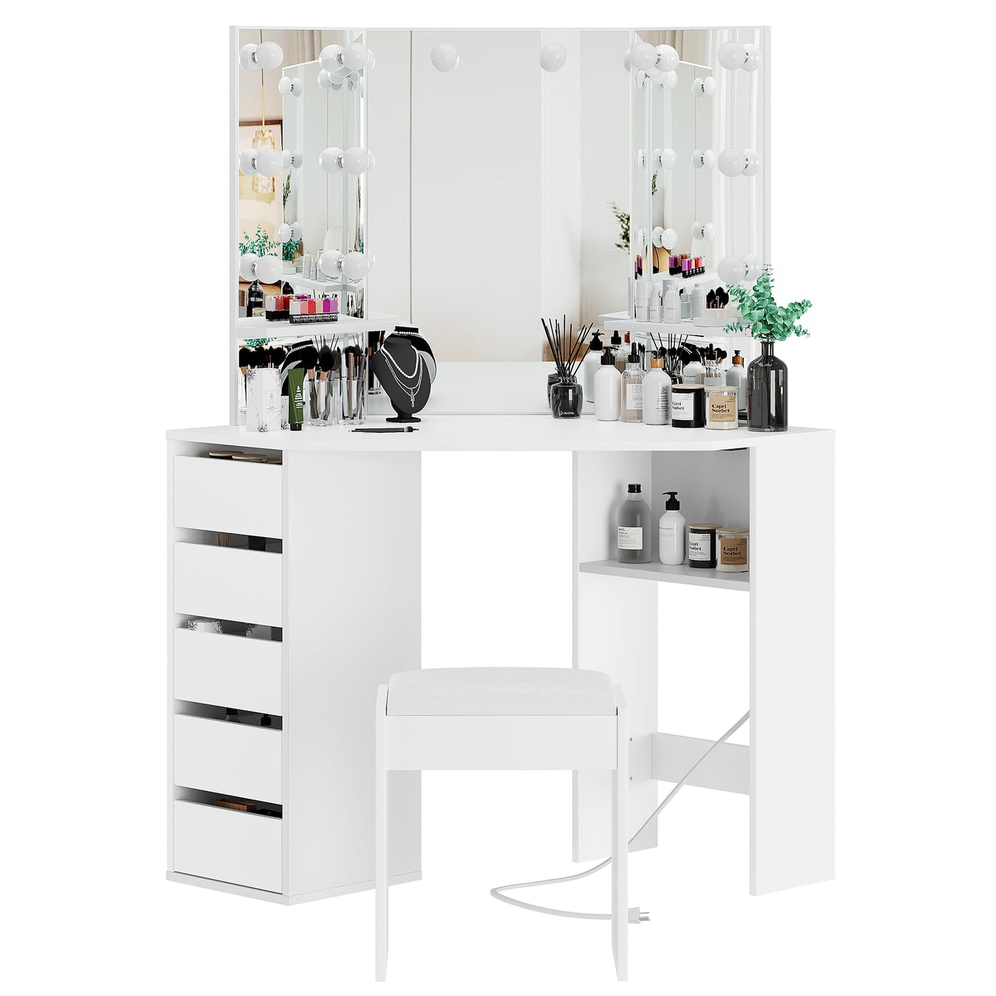 Garvee Corner Vanity Desk and Bench, Makeup Vanity Table with 3-Folding Lighted Mirrors, Charging Station, 5 Drawers for Bedroom