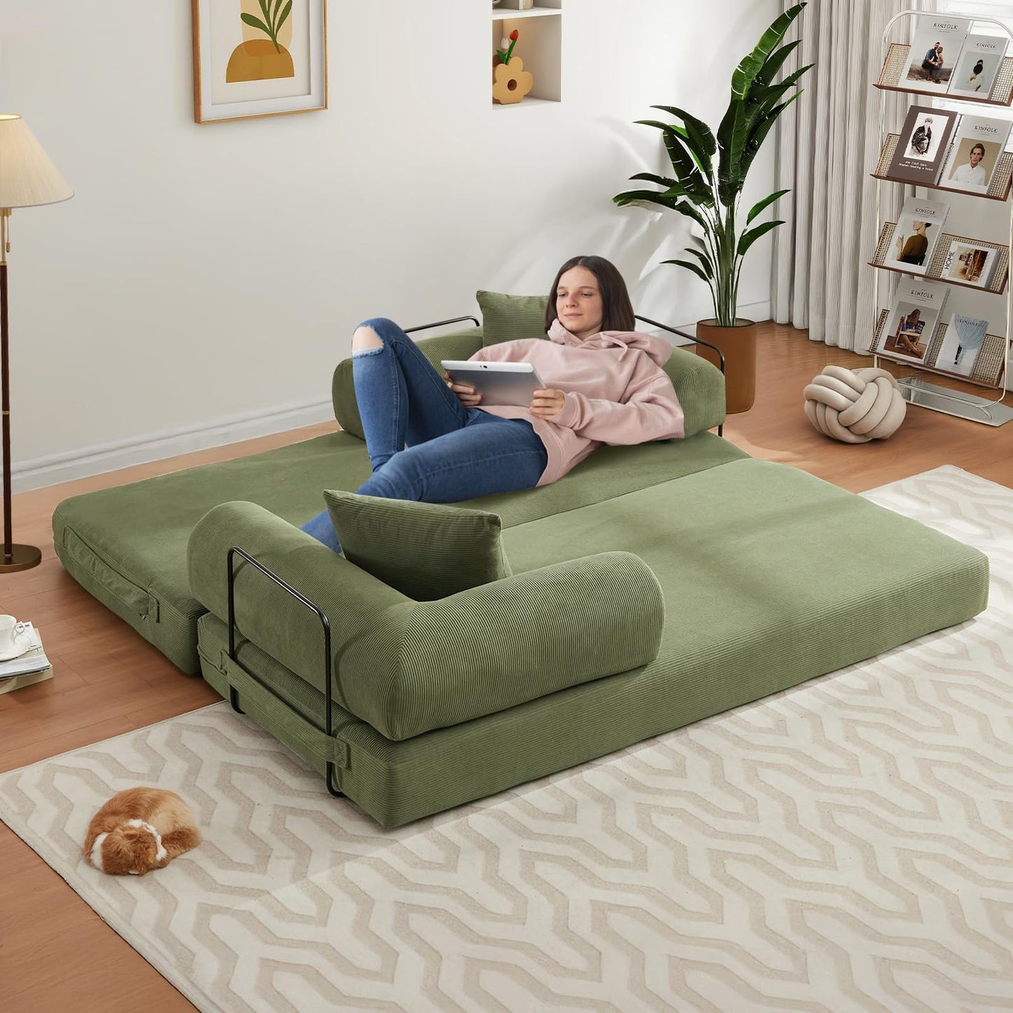 MAKIAAP 78.5'' Convertible Folding Sofa Bed – 4-in-1 Modular Floor Couch, Corduroy Small Cloud Couch, Compressed Foldable Sleeper Sofa, King Size Futon for Bedroom, Guest Room (Green)